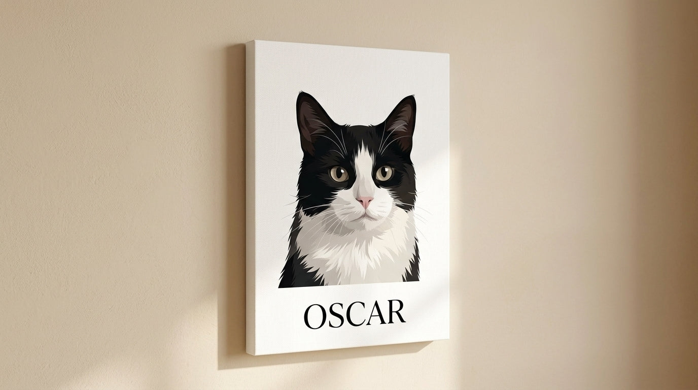 Personalized cat portrait canvas by Purrfect Match featuring a custom wall art print of a cat photo.