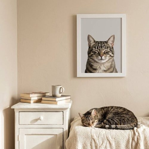 Framed custom cat portrait artwork by Purrfect Match, showcasing a detailed, artistic depiction of a beloved cat for wall display.