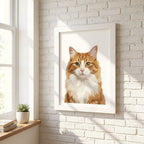 Framed custom cat portrait by Purrfect Match showcasing a detailed, colorful wall art piece of a feline pet.