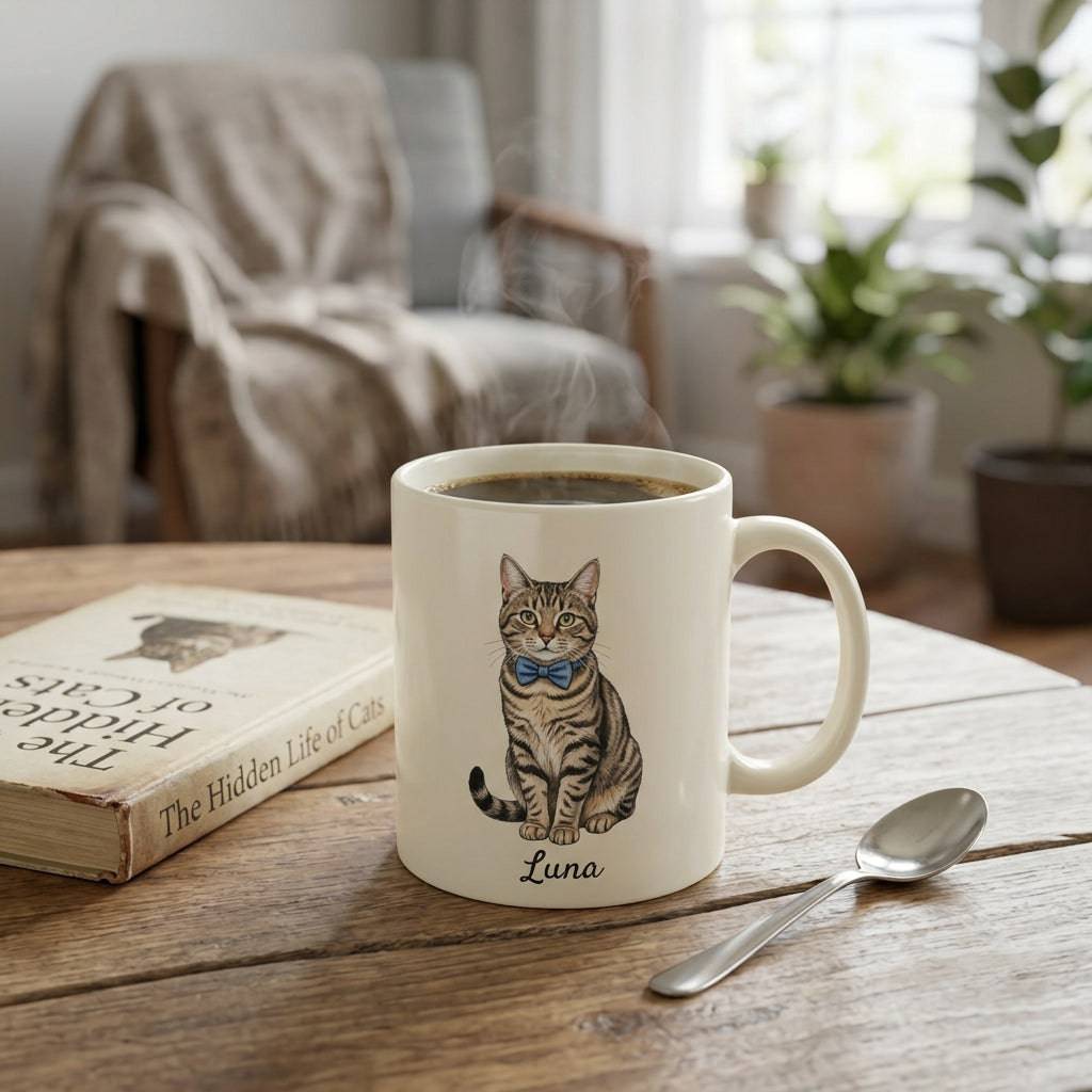 Personalized Purrfect Match cat portrait mug featuring a custom photo of your cat on a ceramic coffee mug.