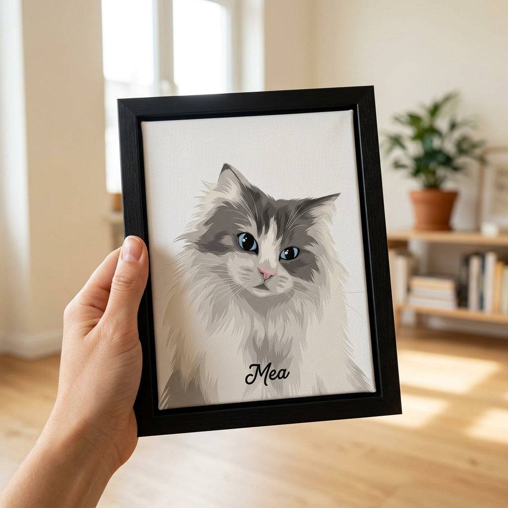 Framed custom cat portrait by Purrfect Match, showcasing a personalized wall art featuring a detailed cat illustration.