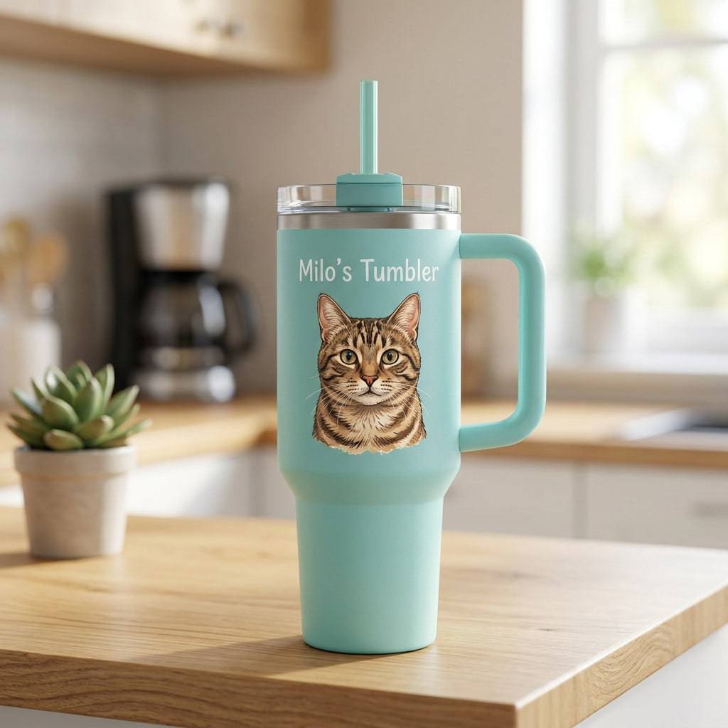 Personalized cat portrait stainless steel tumbler with handle and straw, custom insulated travel cup for cat lovers, 1200ml vacuum flask
