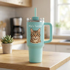 Personalized cat portrait stainless steel tumbler with handle and straw, custom insulated travel cup for cat lovers, 1200ml vacuum flask