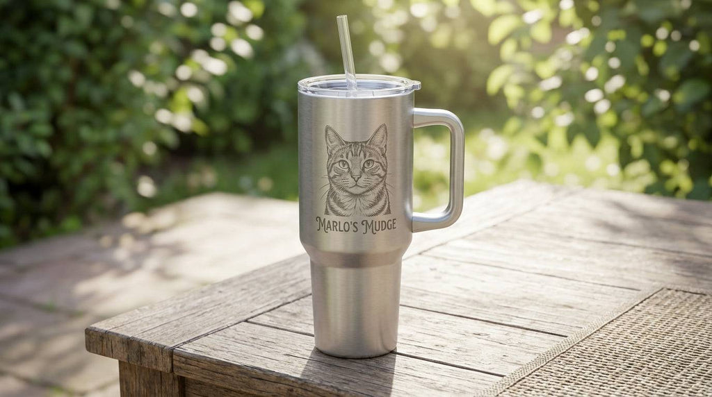 Personalized cat portrait stainless steel travel tumbler with handle and straw, 1200ml vacuum flask for cat lovers.