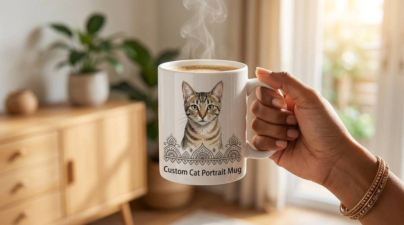 Personalized Purrfect Match mug featuring a custom cat portrait print on ceramic mug with cat photo design.