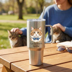 Personalized cat portrait stainless steel travel mug with handle and straw, 1200ml vacuum flask, custom insulated gift for cat lovers