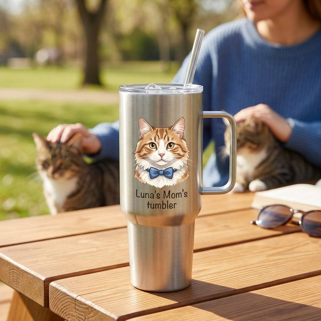 Personalized cat portrait stainless steel travel mug with handle and straw, 1200ml vacuum flask, custom insulated gift for cat lovers