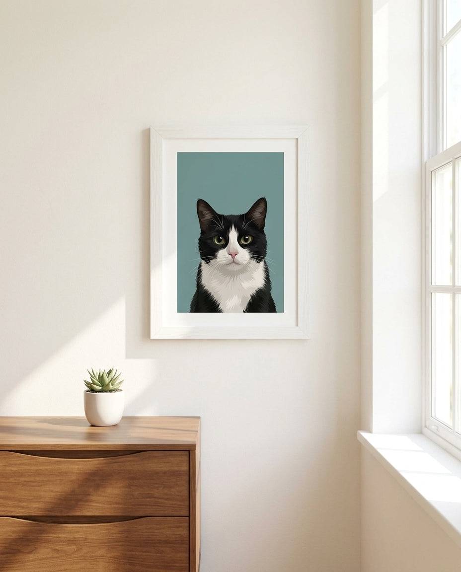 Framed custom cat portrait artwork by Purrfect Match, showcasing a detailed, artistic depiction of a cat suitable for wall display.