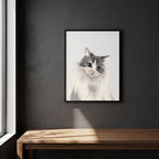 Framed custom cat portrait artwork by Purrfect Match showcasing a detailed, personalized wall art portrait of a cat.