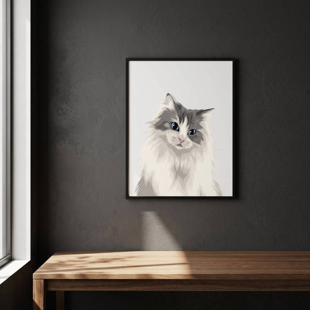 Framed custom cat portrait artwork by Purrfect Match showcasing a detailed, personalized wall art portrait of a cat.