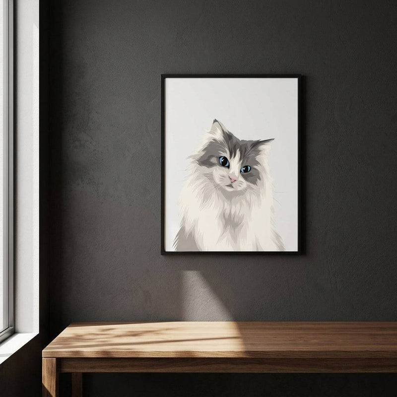 Framed custom cat portrait artwork by Purrfect Match showcasing a detailed, personalized wall art portrait of a cat.