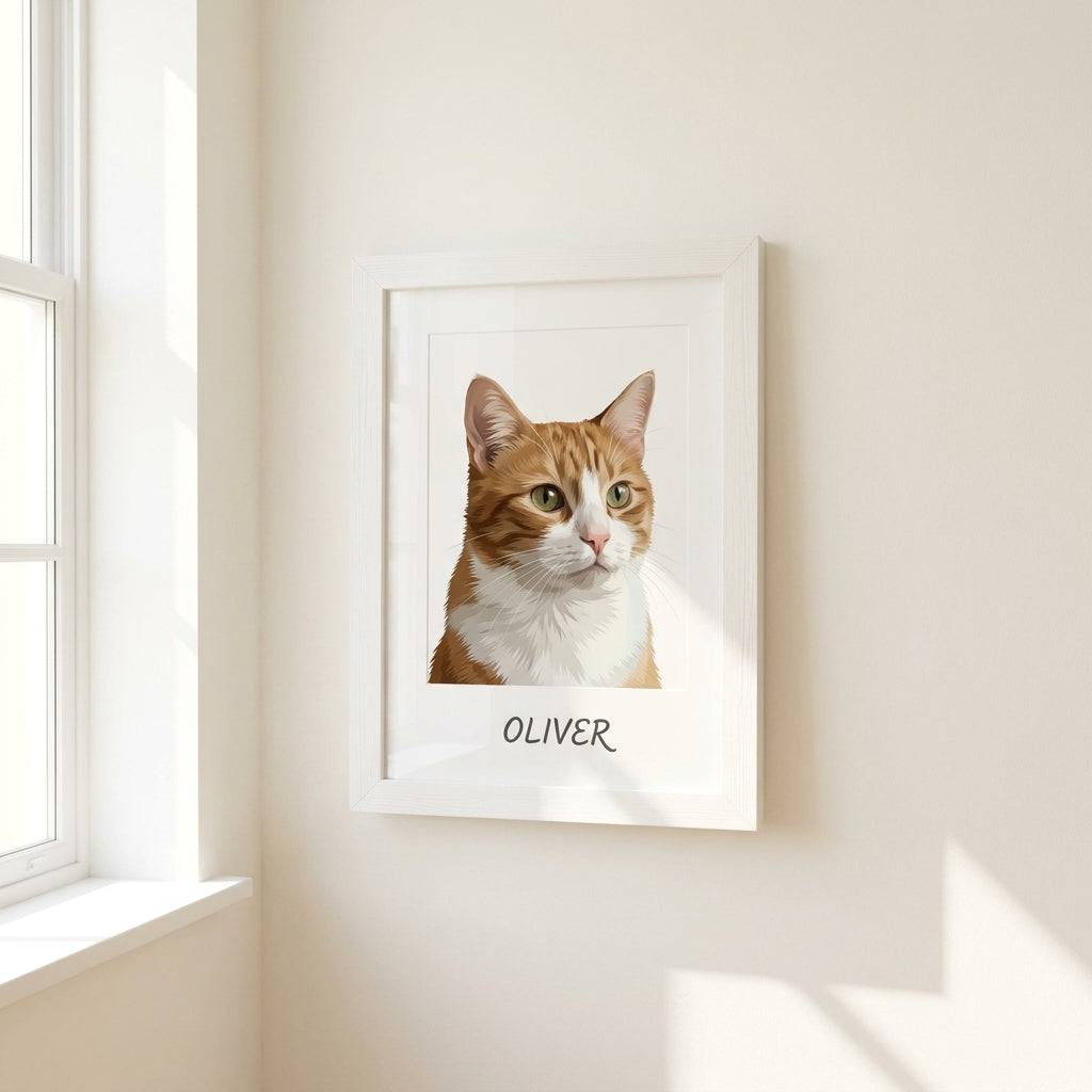 Framed custom cat portrait by Purrfect Match, featuring a detailed artistic depiction of a cat for wall decor.