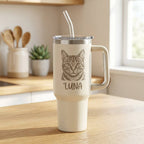 Personalized cat portrait stainless steel tumbler with handle and straw, custom insulated travel cup, 1200ml vacuum flask for cat lovers