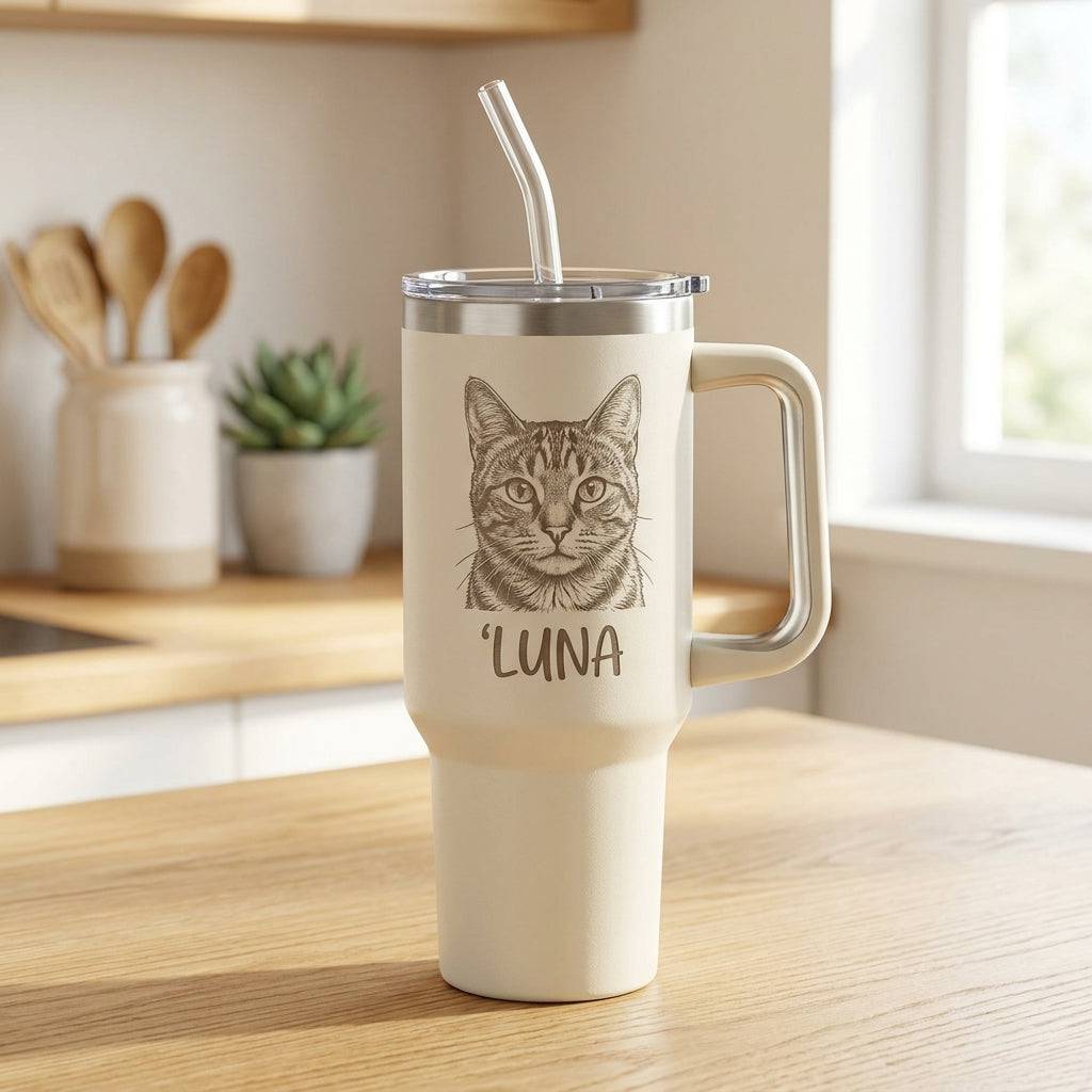 Personalized cat portrait stainless steel tumbler with handle and straw, custom insulated travel cup, 1200ml vacuum flask for cat lovers