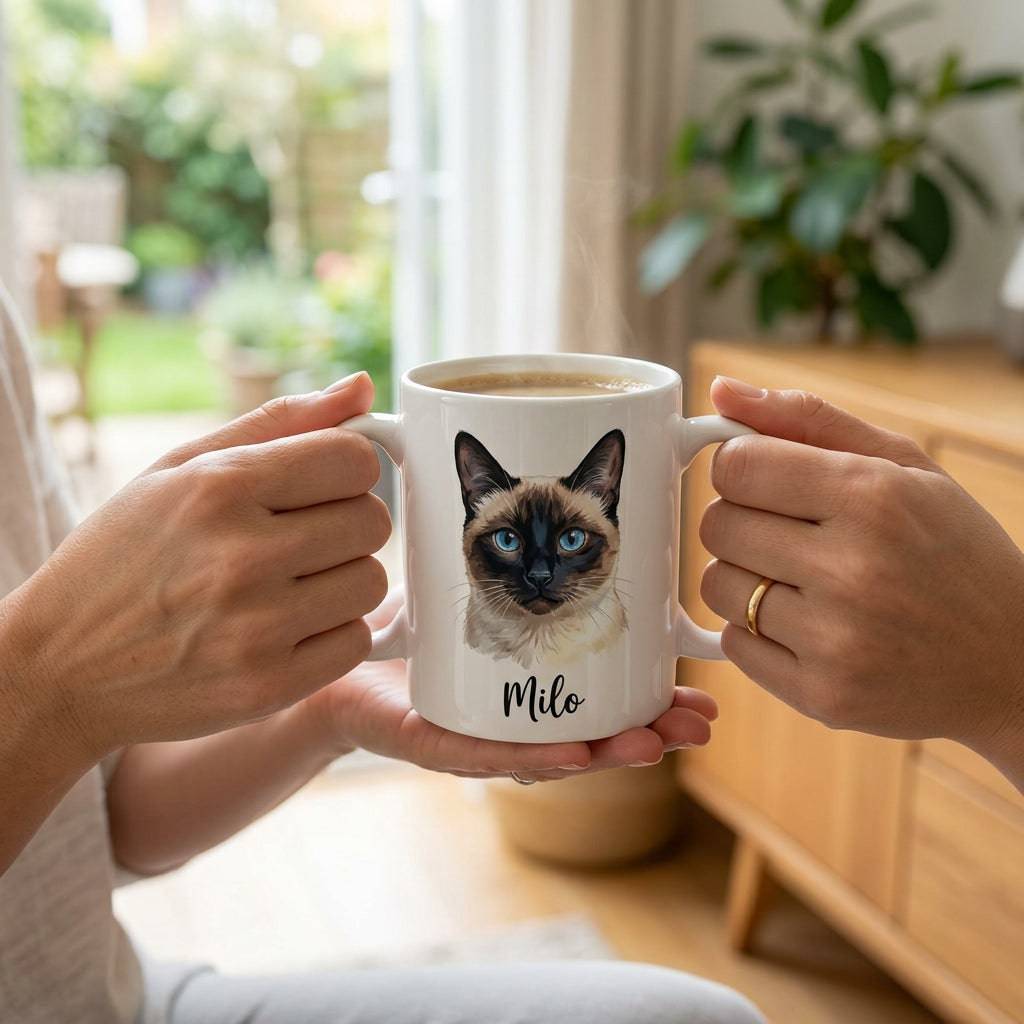 Personalized Purrfect Match cat portrait mug featuring a custom photo of your cat on a ceramic coffee mug.