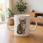 Personalized cat portrait mug by Purrfect Match featuring a custom illustration of a user's cat on a ceramic coffee mug.