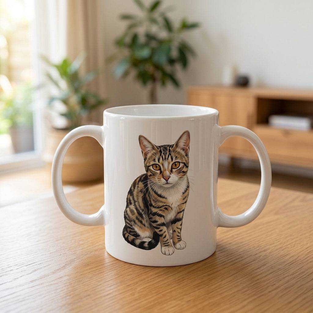 Personalized cat portrait mug by Purrfect Match featuring a custom illustration of a user's cat on a ceramic coffee mug.