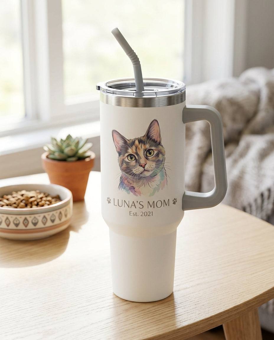 Personalized cat portrait stainless steel tumbler with handle and straw, custom insulated travel cup for cat lovers, 1200ml vacuum flask.