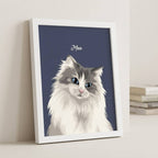 Framed custom cat portrait by Purrfect Match, featuring a detailed watercolor-style painting of a cat as timeless wall art.