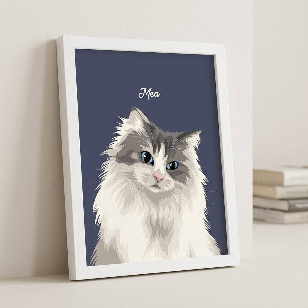 Framed custom cat portrait by Purrfect Match, featuring a detailed watercolor-style painting of a cat as timeless wall art.