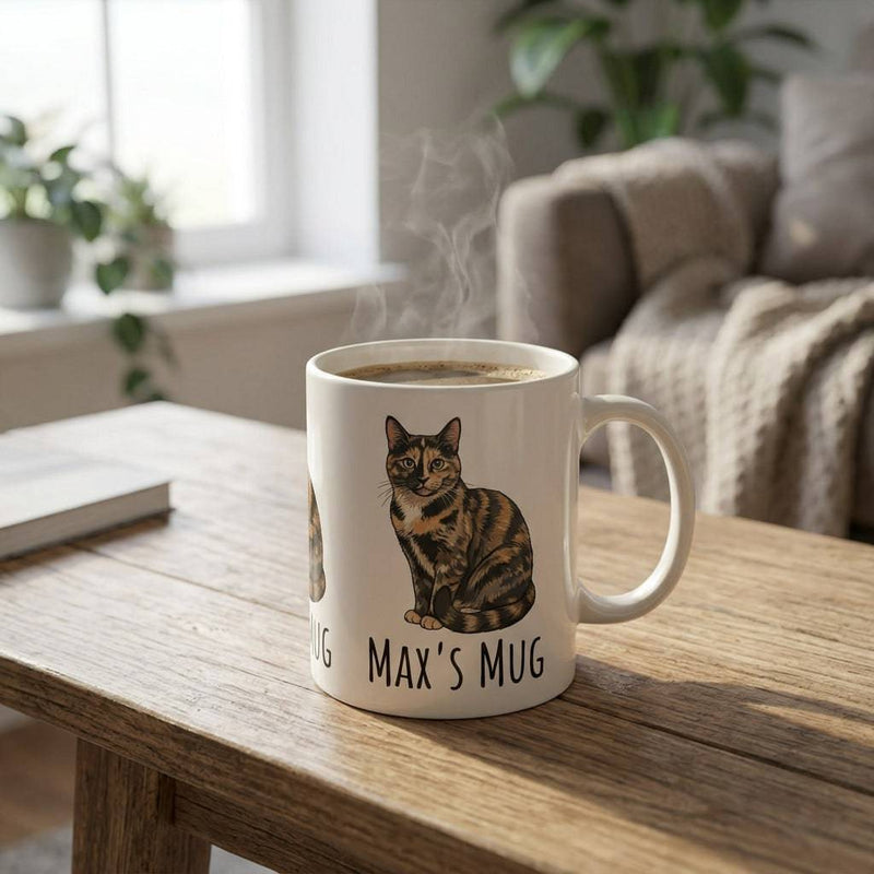Personalized Purrfect Match cat mug with custom cat photo printed on white ceramic mug.