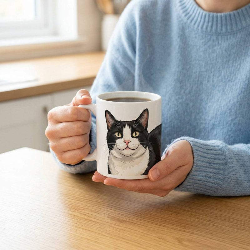 Personalized Purrfect Match cat portrait mug featuring a custom illustration of a user's cat on a ceramic mug.