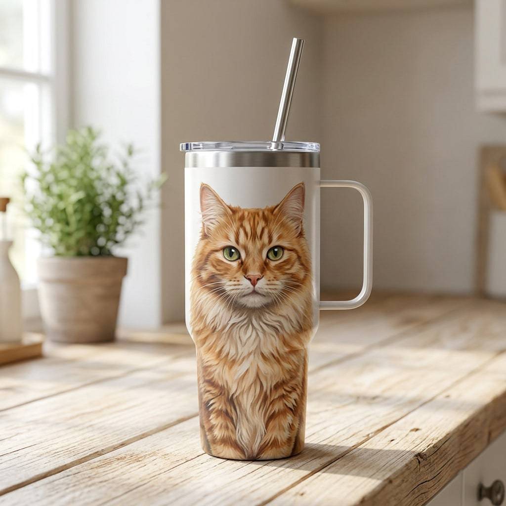Personalized stainless steel cat portrait tumbler with handle and straw, custom insulated travel cup for cat lovers, 1200ml vacuum flask