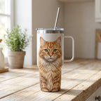 Personalized stainless steel cat portrait tumbler with handle and straw, custom insulated travel cup for cat lovers, 1200ml vacuum flask