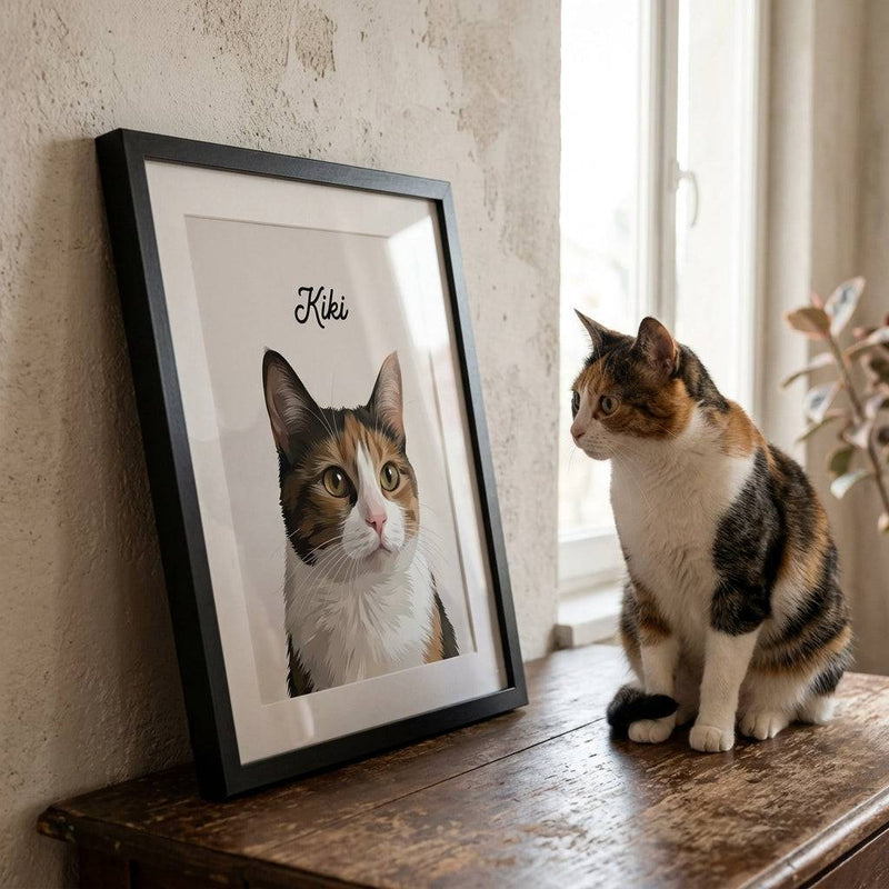 Framed custom cat portrait by Purrfect Match, showcasing a detailed watercolor painting of a beloved cat as wall art.