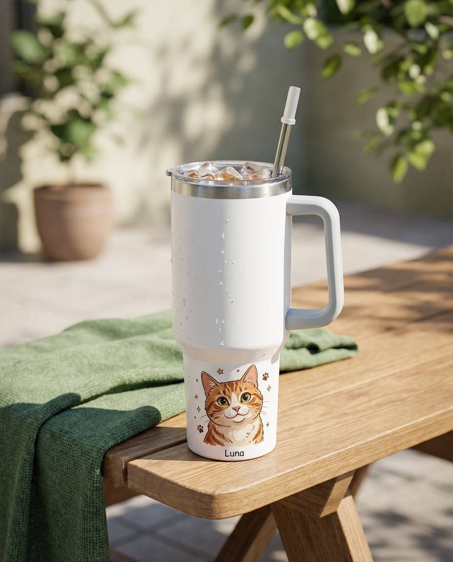 Personalized cat portrait stainless steel travel tumbler with handle and straw, custom insulated vacuum flask for cat lovers.