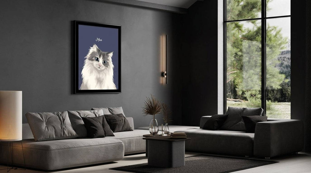Framed custom cat portrait by Purrfect Match featuring a detailed, artistic depiction of a cat on a wall display.