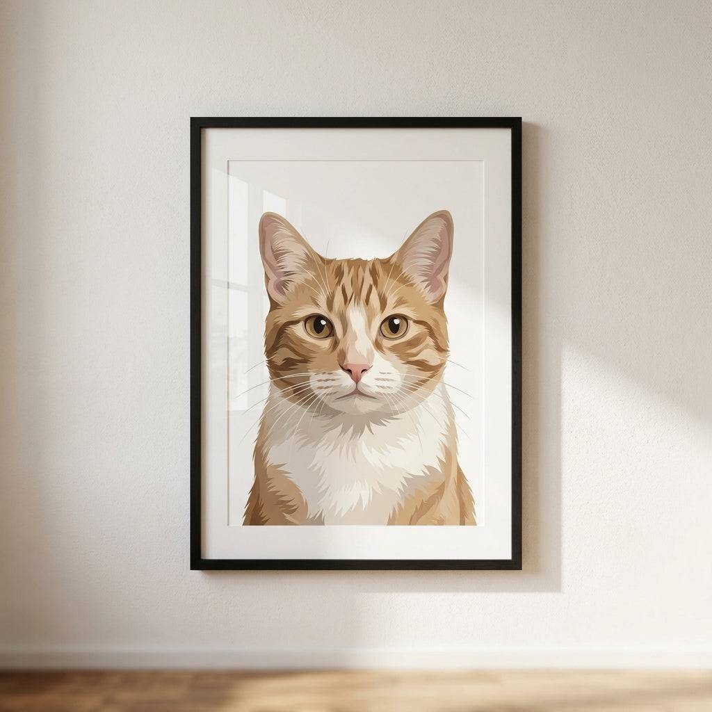 Framed custom cat portrait artwork by Purrfect Match showcasing a detailed, personalized wall art of a cat on a neutral background.