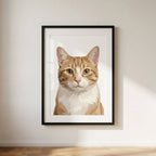 Framed custom cat portrait artwork by Purrfect Match showcasing a detailed, personalized wall art of a cat on a neutral background.