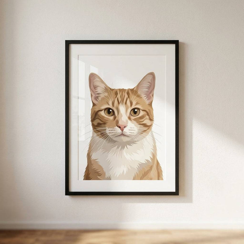 Framed custom cat portrait artwork by Purrfect Match showcasing a detailed, personalized wall art of a cat on a neutral background.