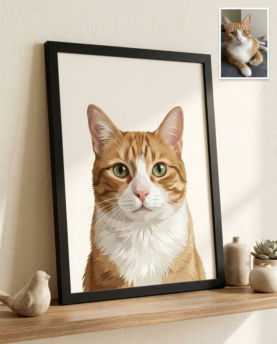 Framed custom cat portrait artwork by Purrfect Match showing a detailed, personalized wall art of a cat in a stylish frame.