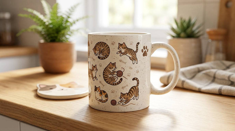 Personalized Purrfect Match cat mug with custom cat photo, featuring a ceramic mug with a colorful cat image design.