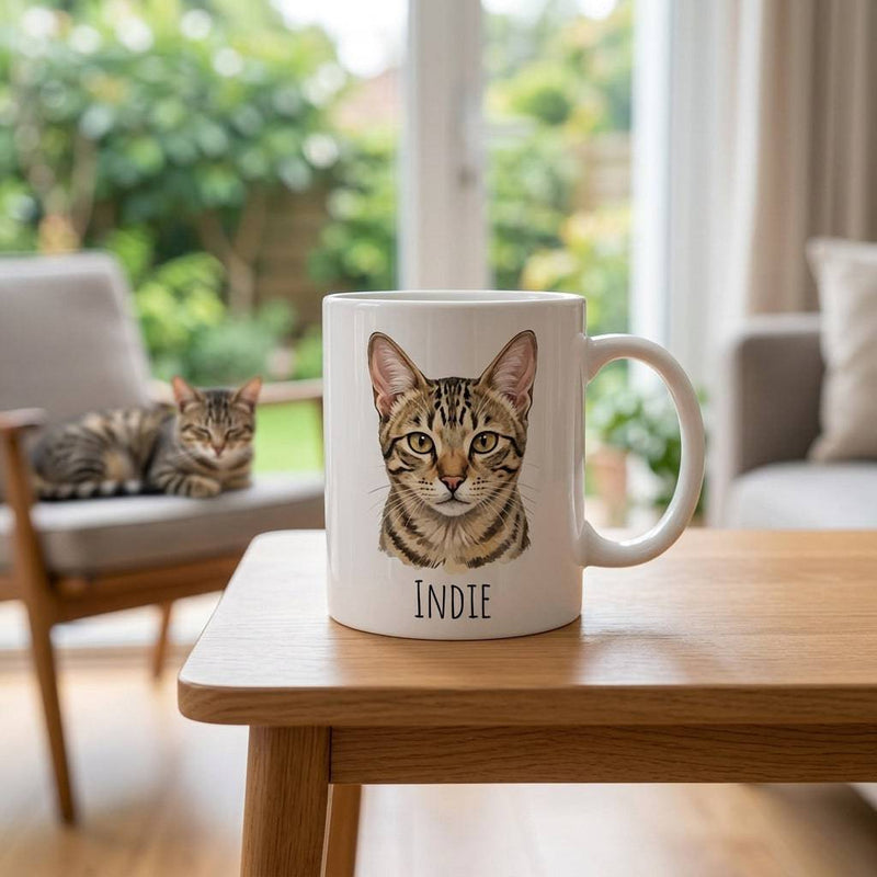 Personalized Purrfect Match cat portrait mug featuring a custom design of a user's cat photo on a ceramic mug.